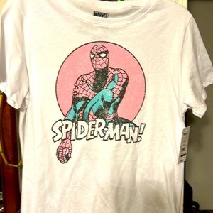 White Marvel Spider-Man T-Shirt with pink and Turquoise size L 11/13 women